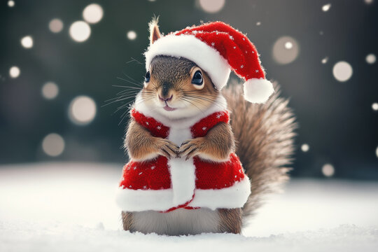cute portrait with beautiful fluffy red squirrel wearing red Xmas clothes in winter snow background , symbolizing winter season and Christmas time