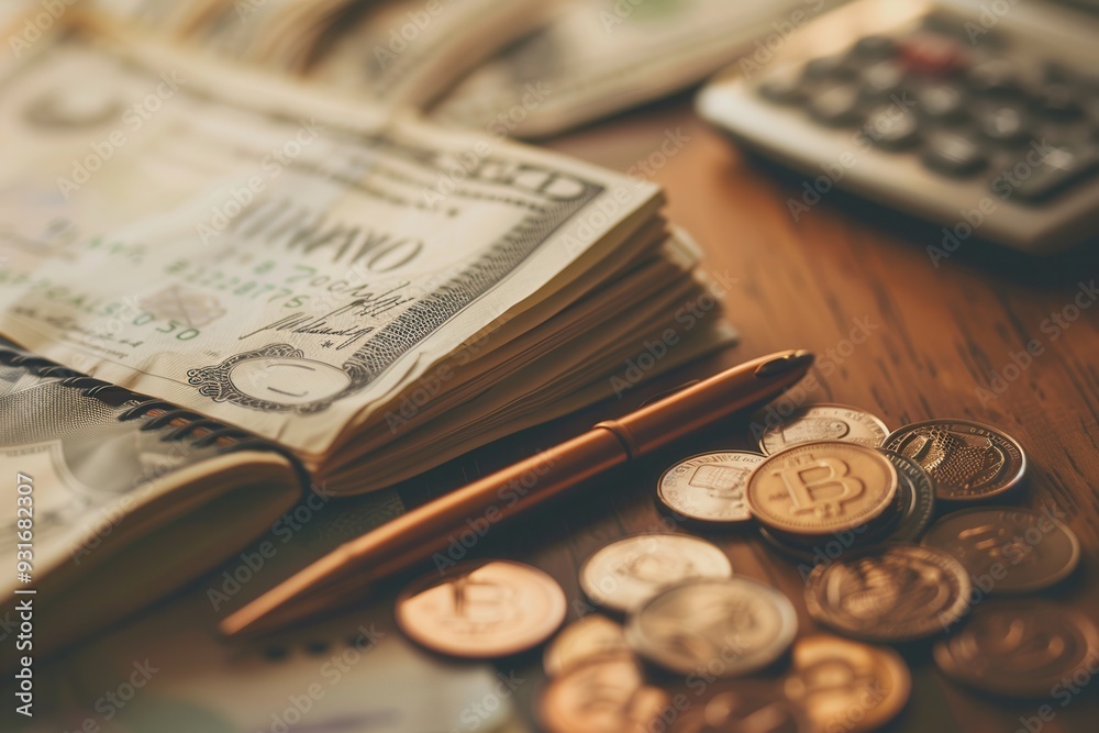 Fototapete cash, coins, and an open notebook filled with calculations and notes are arranged on a wooden table 