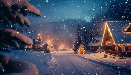 Dessin d'un paysage hivernal sous la neige la nuit avec des petits chalets éclairés dans les montagnes