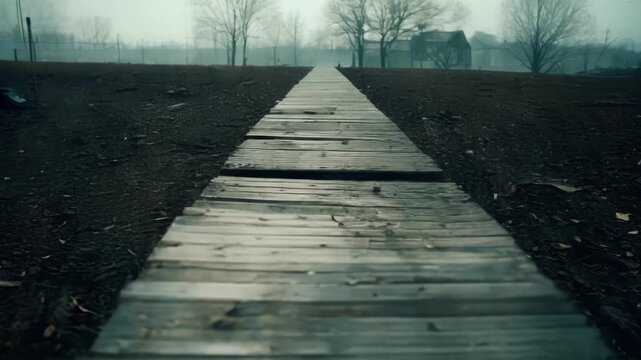 Eerie old wooden path in a dark forest, perfect for halloween