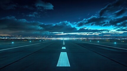 Fototapeta premium Empty airport runway at night with distant city lights, wide-angle lens capturing vast spaces. AI generated illustration