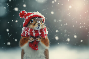 cute portrait with beautiful fluffy red squirrel wearing red Xmas clothes in winter snow background with copy space for text , symbolizing winter season and Christmas time
