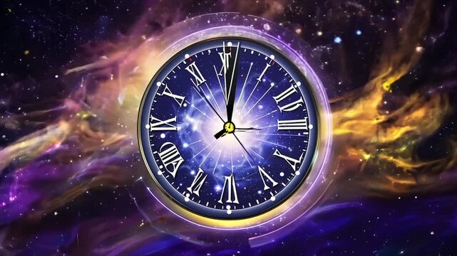 Clock Displaying Time Against a Cosmic Background With Stars Generative AI