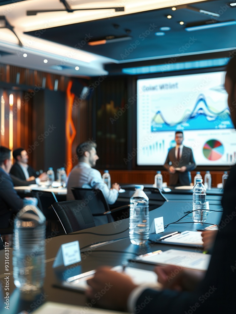 Poster a speaker presents financial insights using visual aids in a contemporary conference room, engaging 