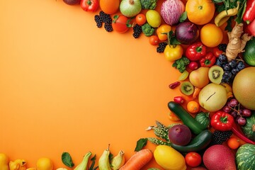 Assortment of Fresh Fruits and Vegetables on Orange Background