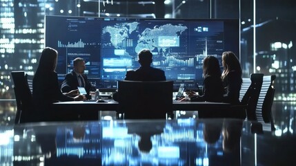 People in a modern office boardroom analyze global data on a large digital screen, highlighting a high-tech, futuristic corporate environment.