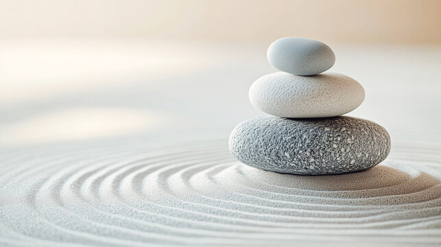 A balanced stack of smooth stones rests on sand with gentle ripples, symbolizing serenity, balance, and tranquility in a minimalist zen setting.