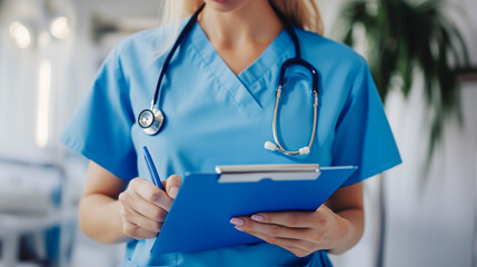 A healthcare professional in blue scrubs holds a clipboard and pen, embodying precision and care in a medical setting, ready to take notes or review patient records.