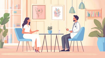Young woman in a white dress sitting on a blue chair talking to a doctor in a medical coat, flat vector illustration of interior design with decoration elements. AI generated illustration