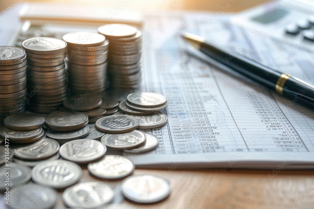 Fototapete a stack of cash and coins sit beside an open notebook filled with budgeting notes and calculations o