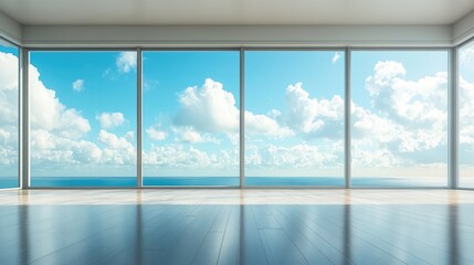 An empty floor with a clear view of the horizon, set against a beautiful blue sky filled with fluffy clouds.