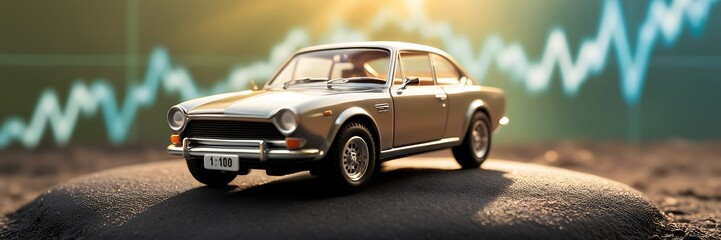 Banner, Car sunset, overlay of graph. Automotive diagnostics in digital futuristic style