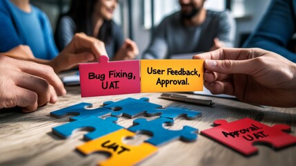 Team collaboratively working on a puzzle, addressing key software development phases: bug fixing, user acceptance testing (UAT), user feedback, and approval.