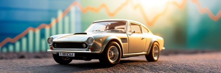 Banner, Car sunset, overlay of graph. Automotive diagnostics in digital futuristic style