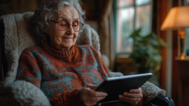 an old woman sitting on a couch using a tablet, embracing technology and enjoying a moment of connection and leisure