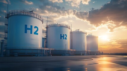 Futuristic hydrogen storage tanks with the hydrogen symbol H2 displayed prominently set against a clean industrial landscape