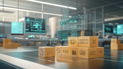 A high-tech warehouse with holographic displays shows a logistics system, featuring cardboard boxes with various symbols on a futuristic control table.