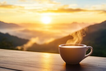 A steaming cup of coffee against a golden sunrise over misty mountains.