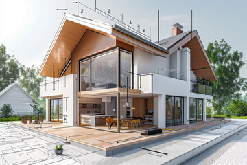 Projet de construction d'une maison d'habitation moderne d'architecte sous forme d'esquisse avec plan