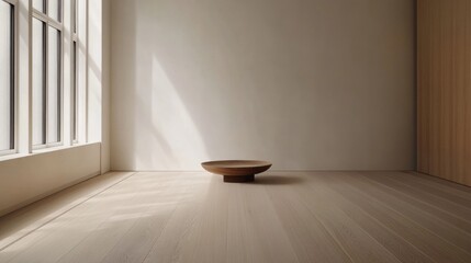 Fototapeta premium Beige oak floor meeting a light wall in a minimalistic room, creating a serene, neutral space with empty floor area.