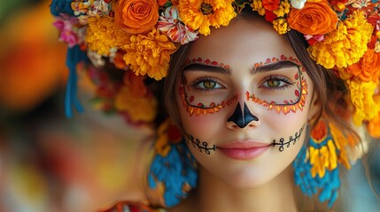 A woman in a traditional Day of the Dead dress, with vibrant colors and floral patterns