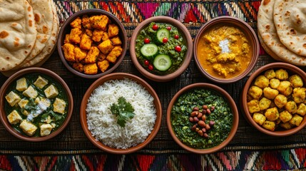Fototapeta premium Colorful assortment of traditional Indian dishes including naan bread, rice, paneer, and various curries in clay bowls, perfect for restaurant menus, food blogs, or culinary websites,