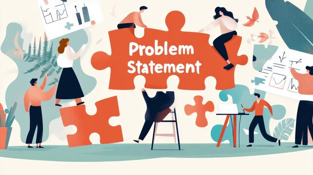 Individuals collaborating on problem-solving with large puzzle pieces labeled "Problem Statement," symbolizing teamwork and strategies for addressing challenges.