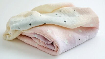 A pastel baby blanket with delicate star and moon designs, neatly folded on a white surface, [baby blanket], [gentle and cozy]