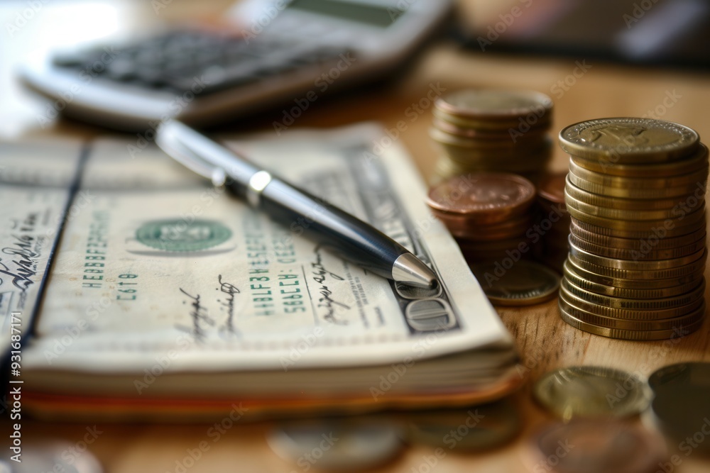 Aufkleber a notebook filled with financial notes is placed next to stacks of cash and coins, indicating a budg