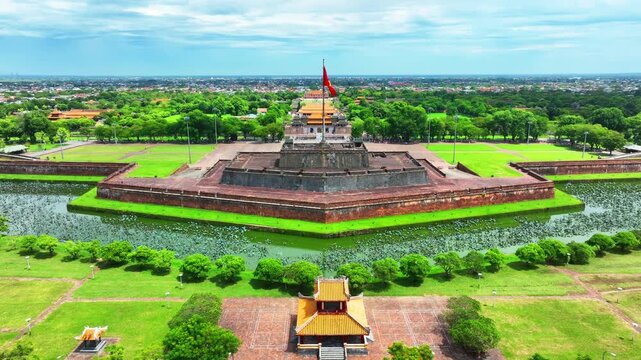 Aerial view of the Hue Citadel in Vietnam. Imperial Palace moat ,Emperor palace complex, Hue city, Vietnam.