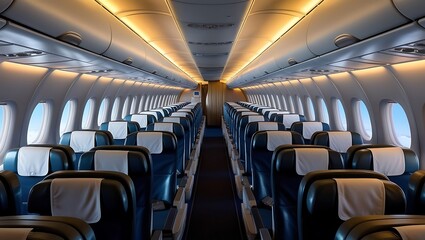 Fototapeta premium interior of an airplane - a cabin inside a commercial airline aircraft. futuristic, advertisement, aerial transport