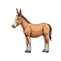 Fototapeta premium A brown and white mule stands on a black background, looking to the side. Its long mane and tail are visible.