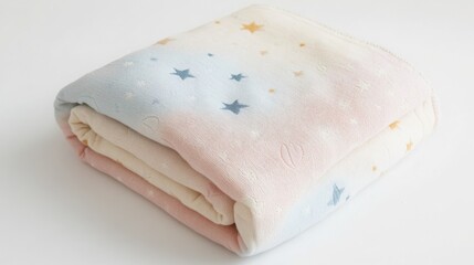 A gently patterned baby blanket in soft pastels, carefully folded on a white backdrop, [baby blanket], [gentle and cozy]