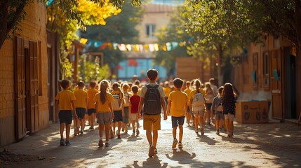 Obraz premium Group of teachers celebrating Labor Day in a schoolyard with children joining in