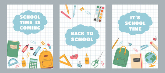 Set of school posters with hand drawn stationery. Back to school, college, education concept.