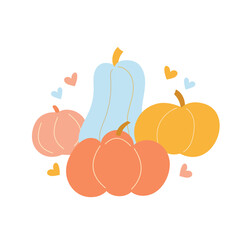 Cute autumn composition, hand drawn pumpkins, seasonal objects. Vector illustration in flat style