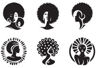 vector set of afro american woman logo head, african beauty woman vector logo design, Black girl faces with stylish afro hairstyle, woman afro black face, African american woman hairstyle vector 