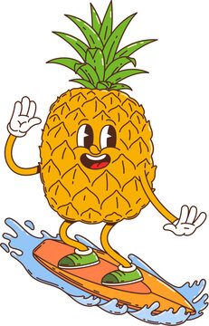 Naklejki Cartoon groovy pineapple fruit character surfing on sea waves with cheerful expression and giving a friendly wave. Vector fun and whimsical personage captures the spirit of tropical adventure and fun