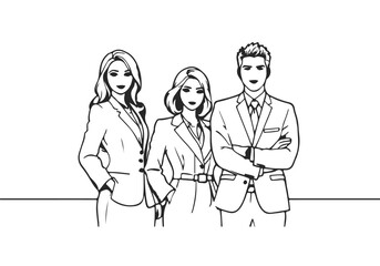 Businessmen Silhouettes Vector Sketch Illustration. Line Drawing of Group of People in Office. Business Group Black Silhouette on White Background