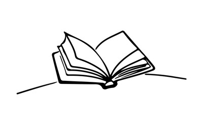 Open Book Black Sketch Line Art Drawing. Minimalist Education Concept. Line Drawing Style Knowledge Symbol. Book Simple Black Silhouette Isolated on White Background. Vector