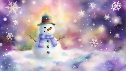Fototapeta premium Charming Watercolor Snowman in Purple Snowy Night with Sparkling Snowflakes