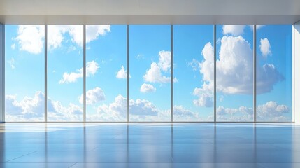 Fototapeta premium Clean, open floor space leading to a serene blue sky with scattered clouds, creating a peaceful horizon scene.