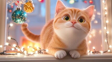 A cat sitting on a window sill with christmas lights around it, AI
