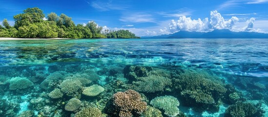 Naklejka premium Tropical Island Paradise with Crystal Clear Waters and Coral Reef