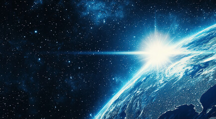 Fototapeta premium Blue Planet Earth In Space With Starry Sky And Sun Rays, Space Background, Universe, Galaxy, Cosmos. 