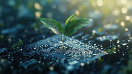 Futuristic Plant Growing on an Advanced Computer Chip, Symbolizing the Blend of Nature and Technology in Digital Design, with Soft Lighting and a Blurred Background. AI generated illustration