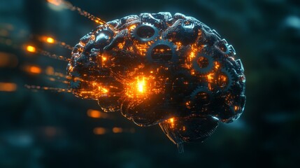 A glowing mechanical brain with gears and circuitry, showcasing the fusion of technology and human intelligence in a futuristic, cybernetic concept.