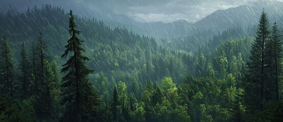 Lush, Green Forest with Towering Trees and Gentle Rain, Featuring a Mountainous Landscape and Aerial View, in Photorealistic Detail. AI generated illustration