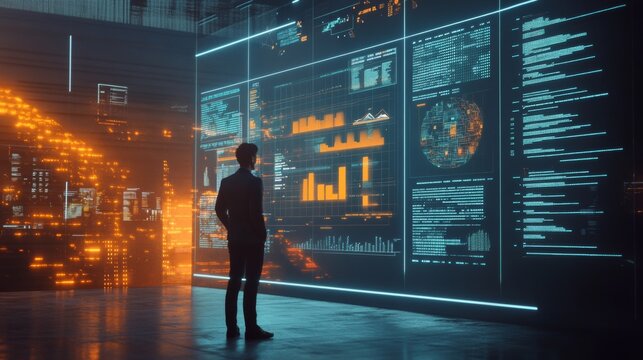 A person stands before a large futuristic screen displaying complex data visualizations and analytics in a high-tech, illuminated environment.
