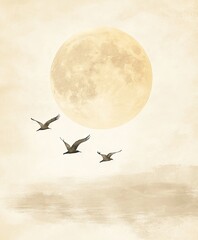 Minimalist Digital Art Painting of Birds Flying Under an Oversized Full Moon, in Soft Pastel Tones with Beige and Pale Gold, Capturing Serenity and Harmony. AI generated illustration
